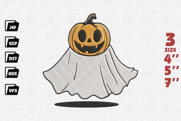 Cute Pumpkin Head Ghost Halloween Embroidery Design